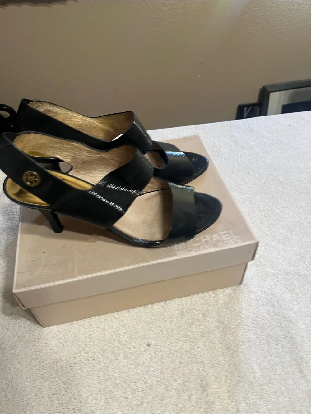 Michael Kors Black Patent Leather Slingback Heels with Gold Footbed